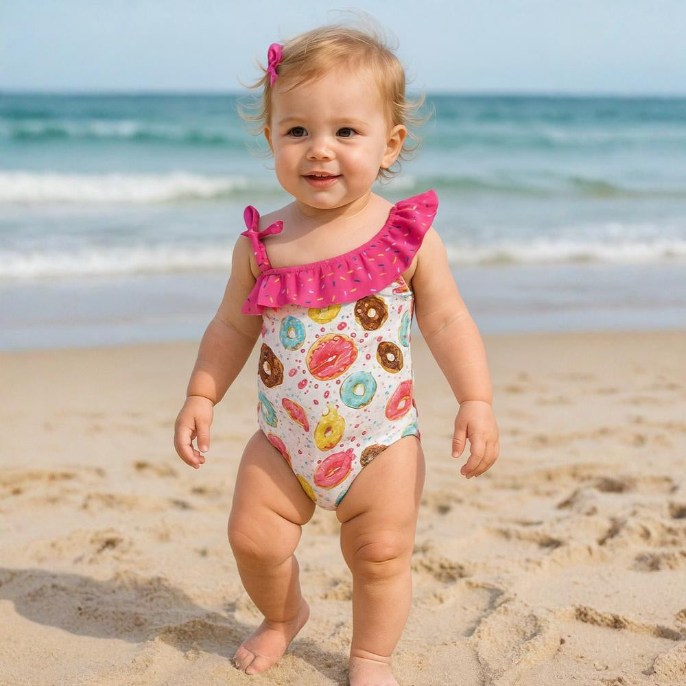 Baby Girls Swimsuit - White with Colorful Donuts Print