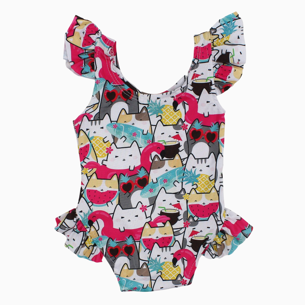 Baby Girls Swimsuit - White with Colorful Cats Print