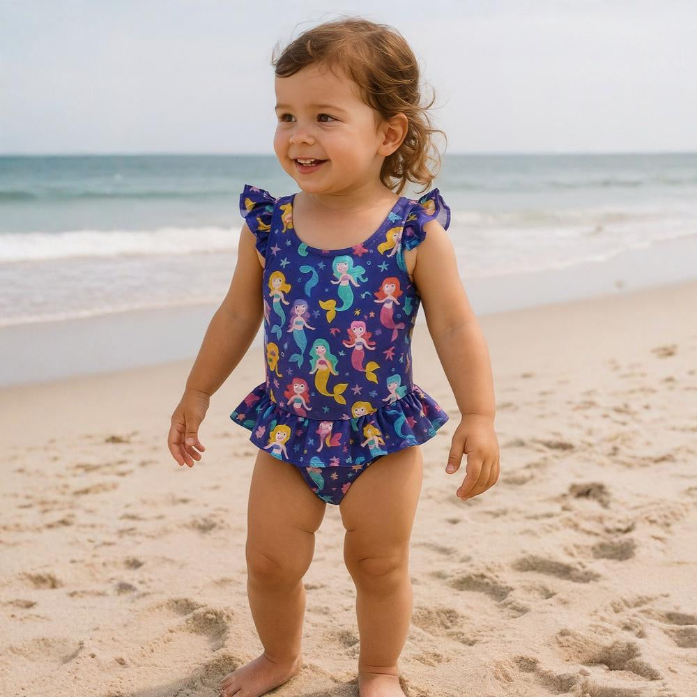 Baby Girls Swimsuit - Purple with Mermaids Print