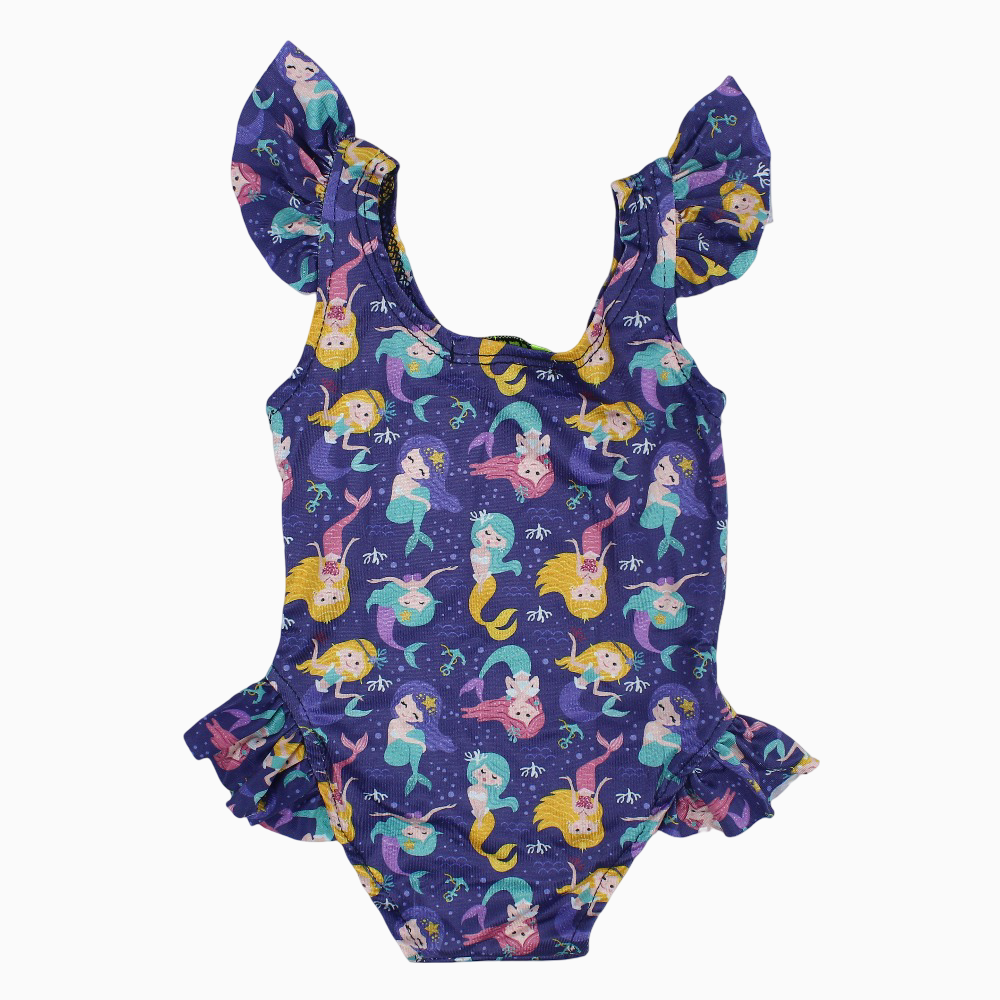 Baby Girls Swimsuit - Purple with Mermaids Print