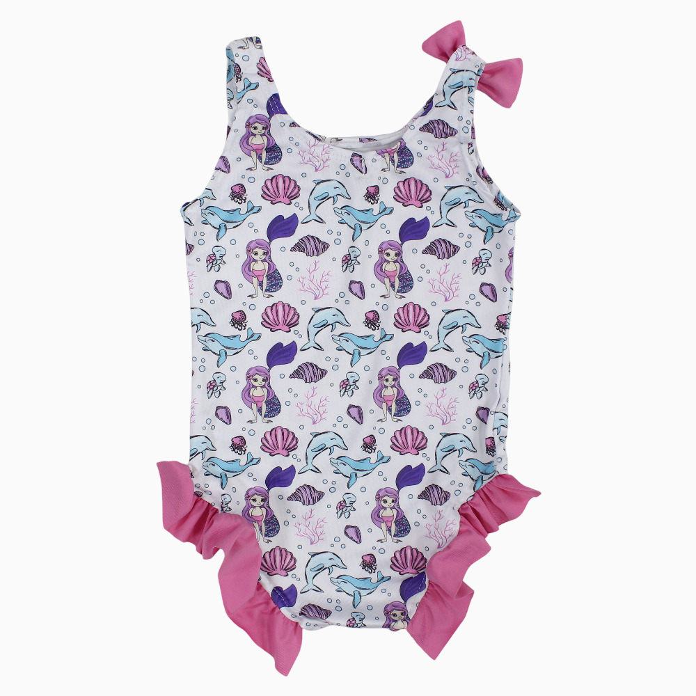 Girls Swimsuit - White with Under the Sea Print