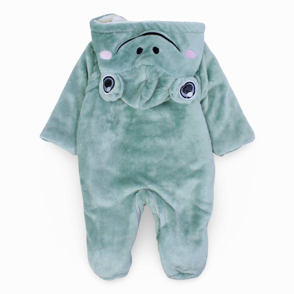 Unisex Baby Velvet Hooded Baby Footie – Mint with Frog Design