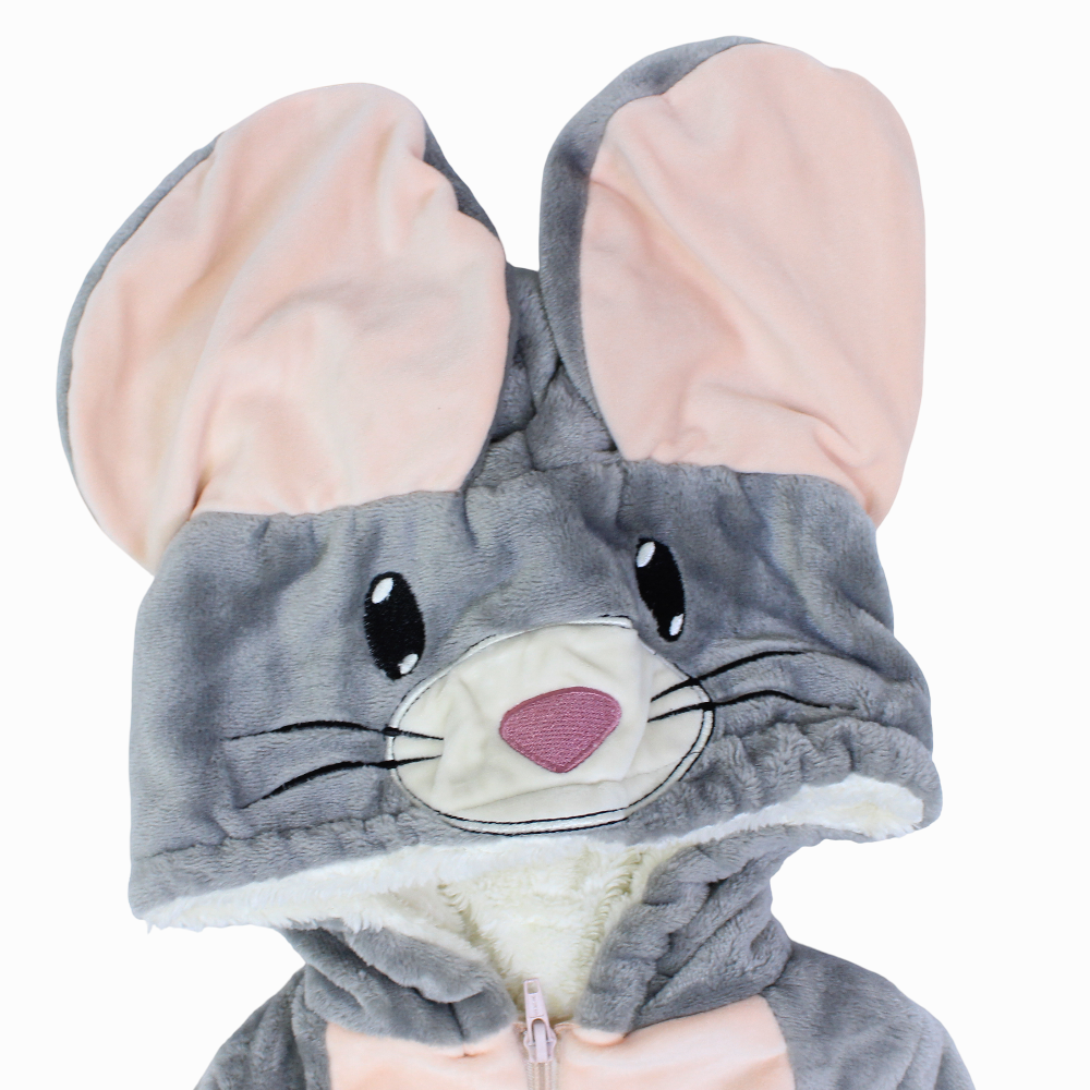Unisex Baby Velvet Hooded Baby Footie – Grey with Mouse Design