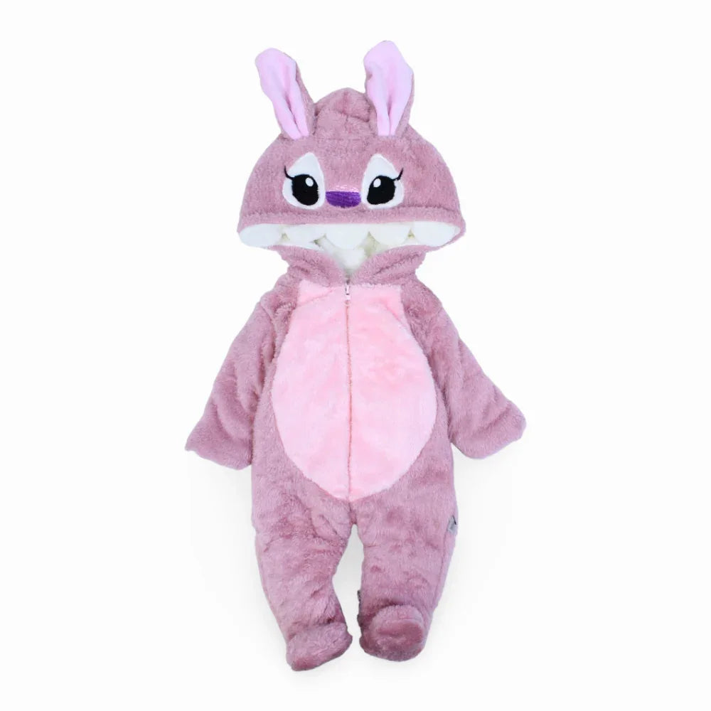 Baby Girls Fleeced Hooded Baby Footie – Purple with Stitch Design