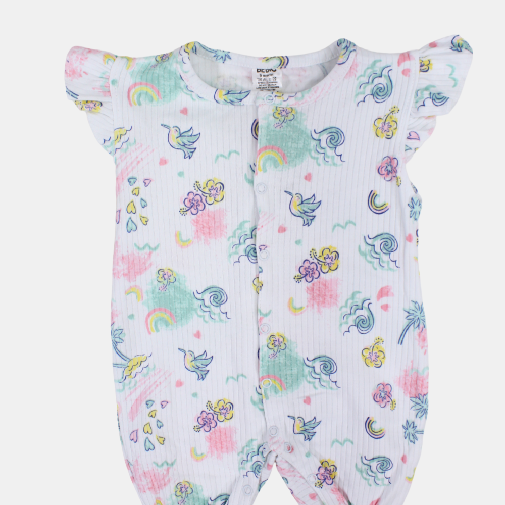 Bebic for Kids Baby Girls Cotton Romper – White with Bird & Flower Print
