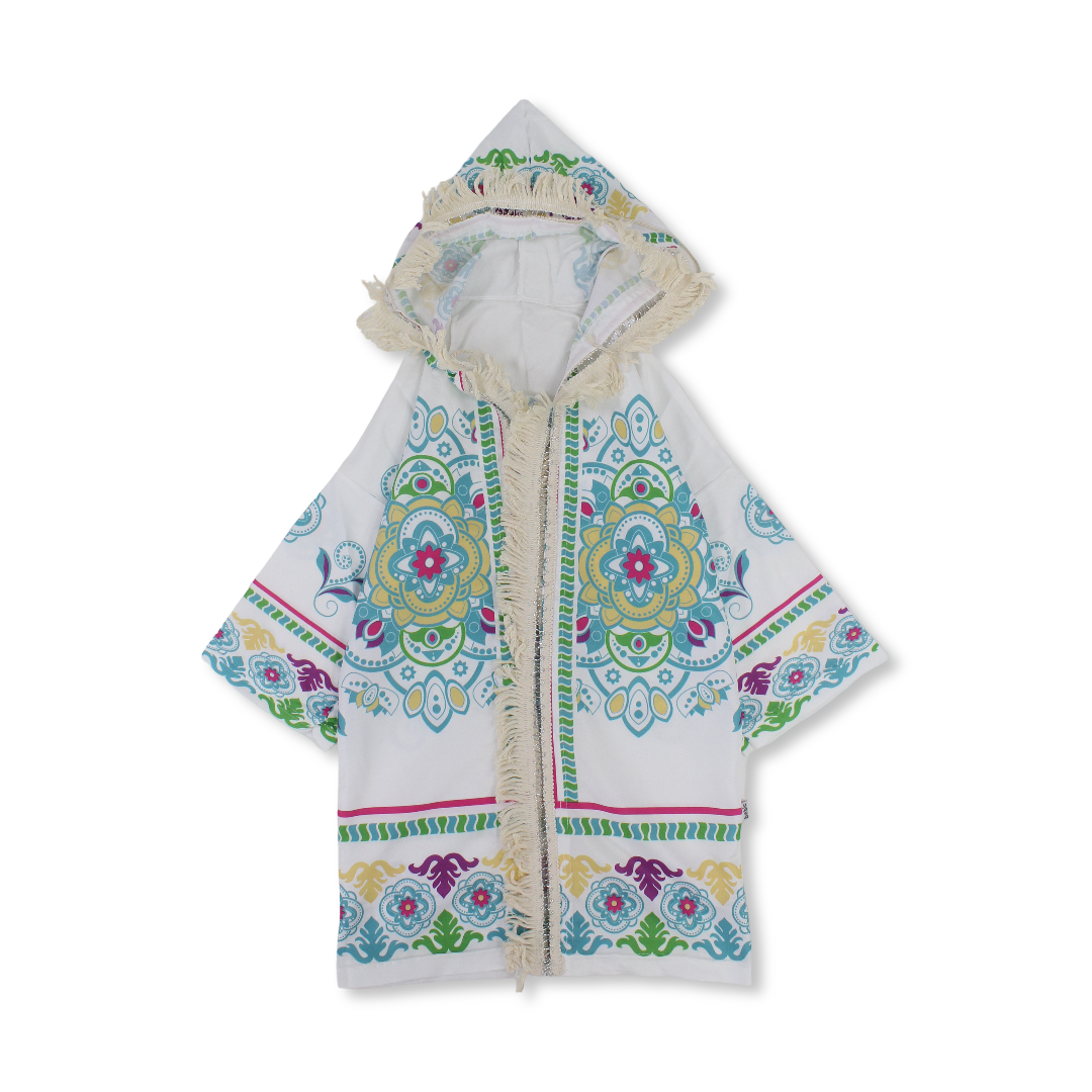 Ramadan Girls Kaftan – White with Islamic Shapes Print