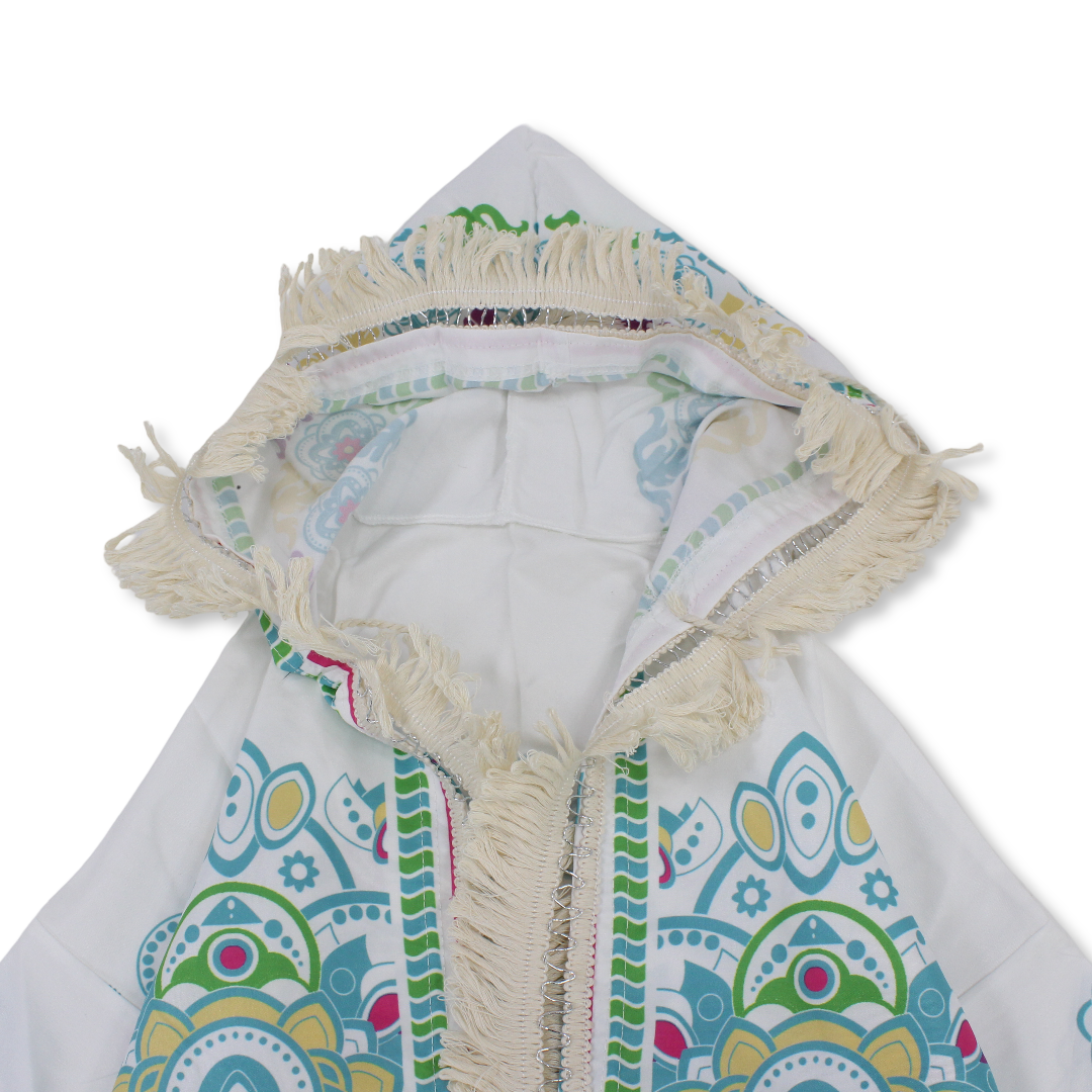 Ramadan Girls Kaftan – White with Islamic Shapes Print