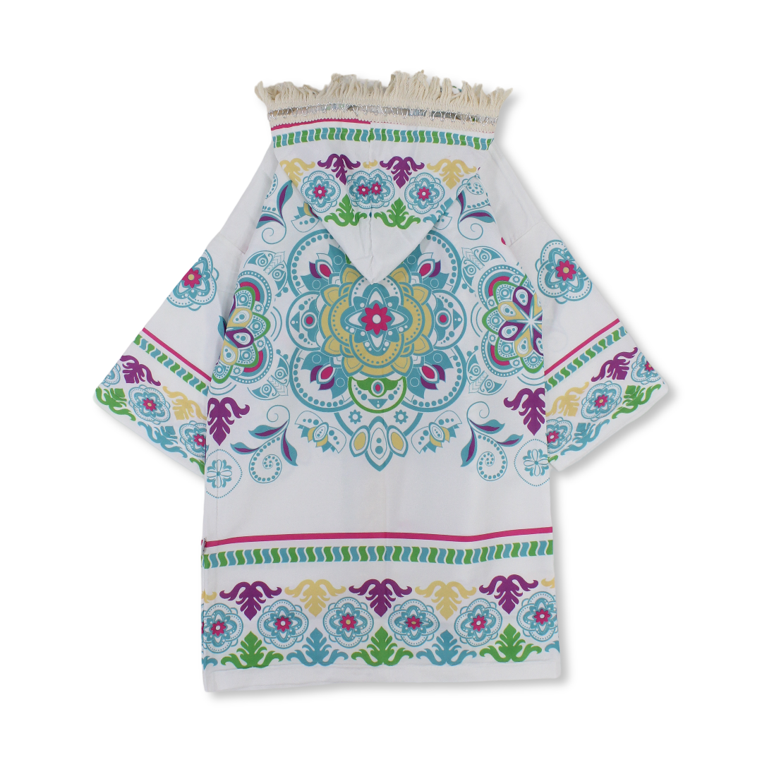 Ramadan Girls Kaftan – White with Islamic Shapes Print