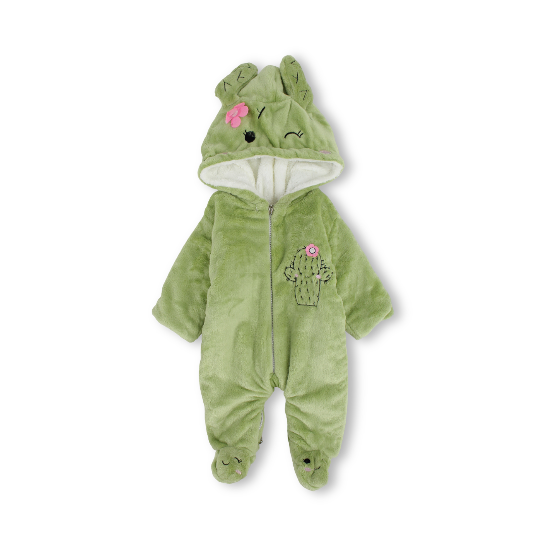 Baby Girls Fleece Hooded Baby Footie Onesie – Green with Cactus Design