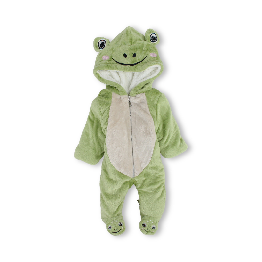 Unisex Baby Fleece Hooded Baby Footie – Green with Frog Design