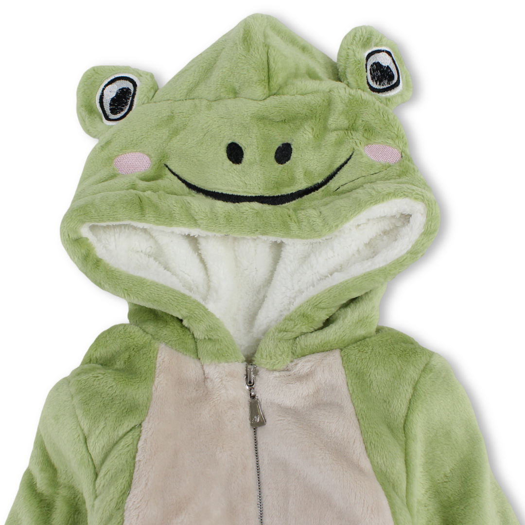 Unisex Baby Fleece Hooded Baby Footie – Green with Frog Design