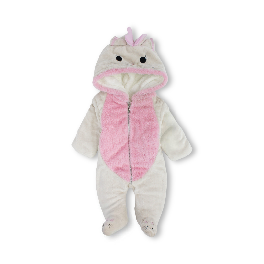 Baby Girls Fleece Hooded Baby Footie – Beige with Cat Design