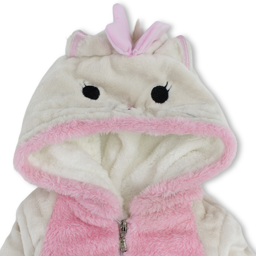 Baby Girls Fleece Hooded Baby Footie – Beige with Cat Design