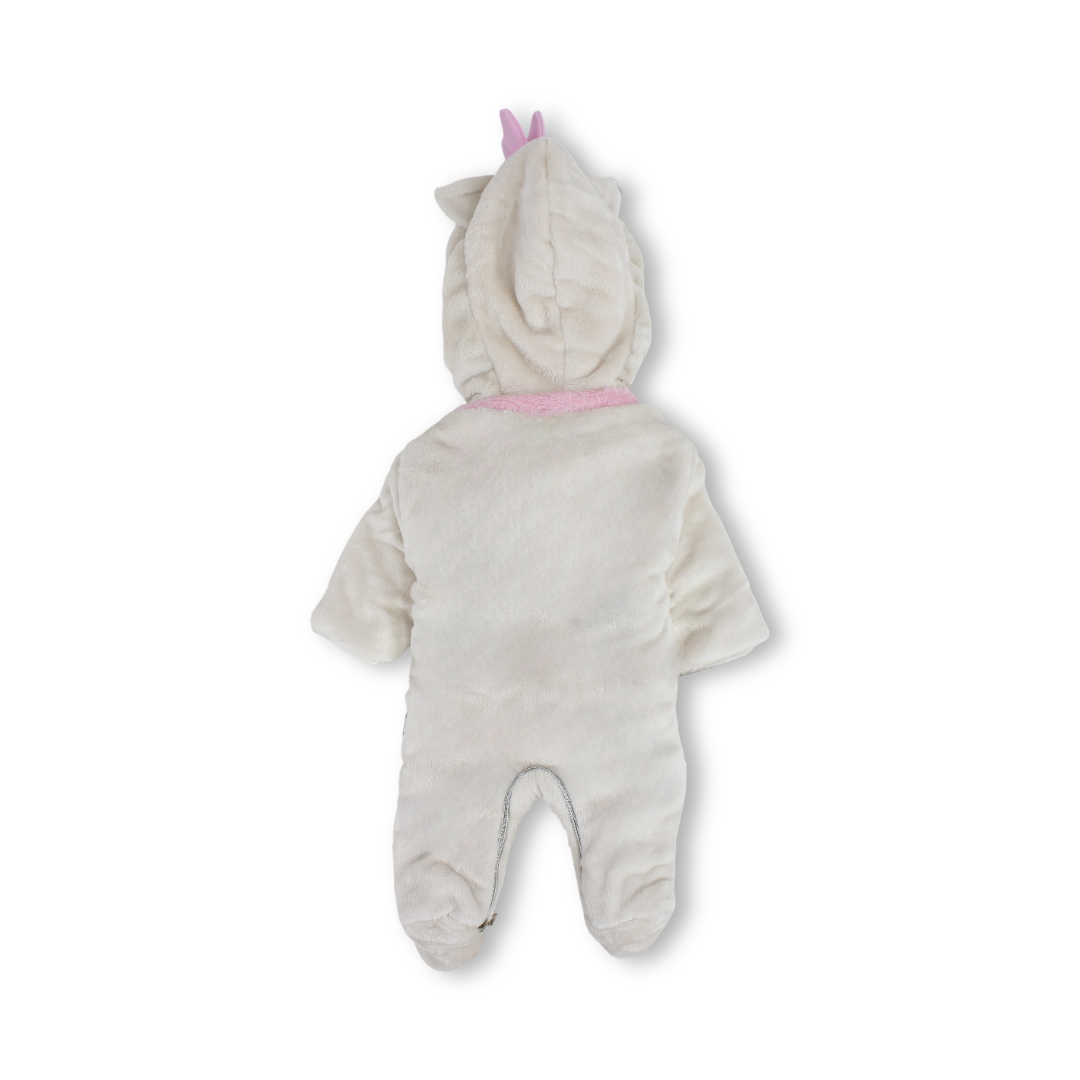 Baby Girls Fleece Hooded Baby Footie – Beige with Cat Design