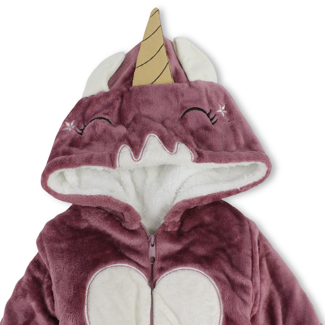 Baby Girls Fleece Hooded Baby Footie – Dusty Pink with Unicorn Design