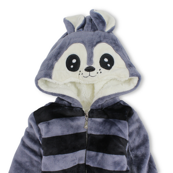 Baby Boys Fleece Hooded Baby Footie – Grey with Raccoon Design