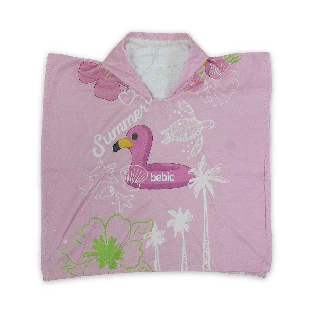 Girls Cotton Poncho – Pink with Flamingo Print