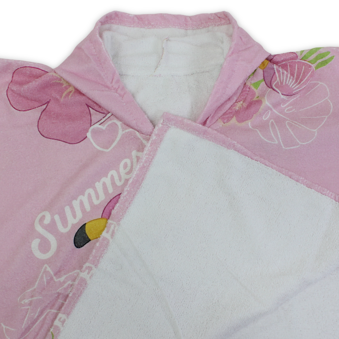 Girls Cotton Poncho – Pink with Flamingo Print