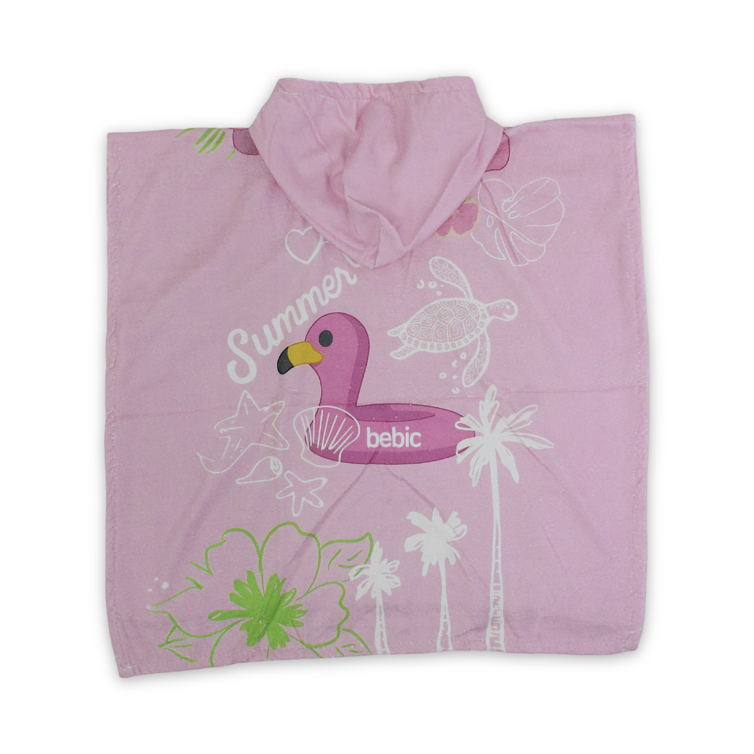 Girls Cotton Poncho – Pink with Flamingo Print