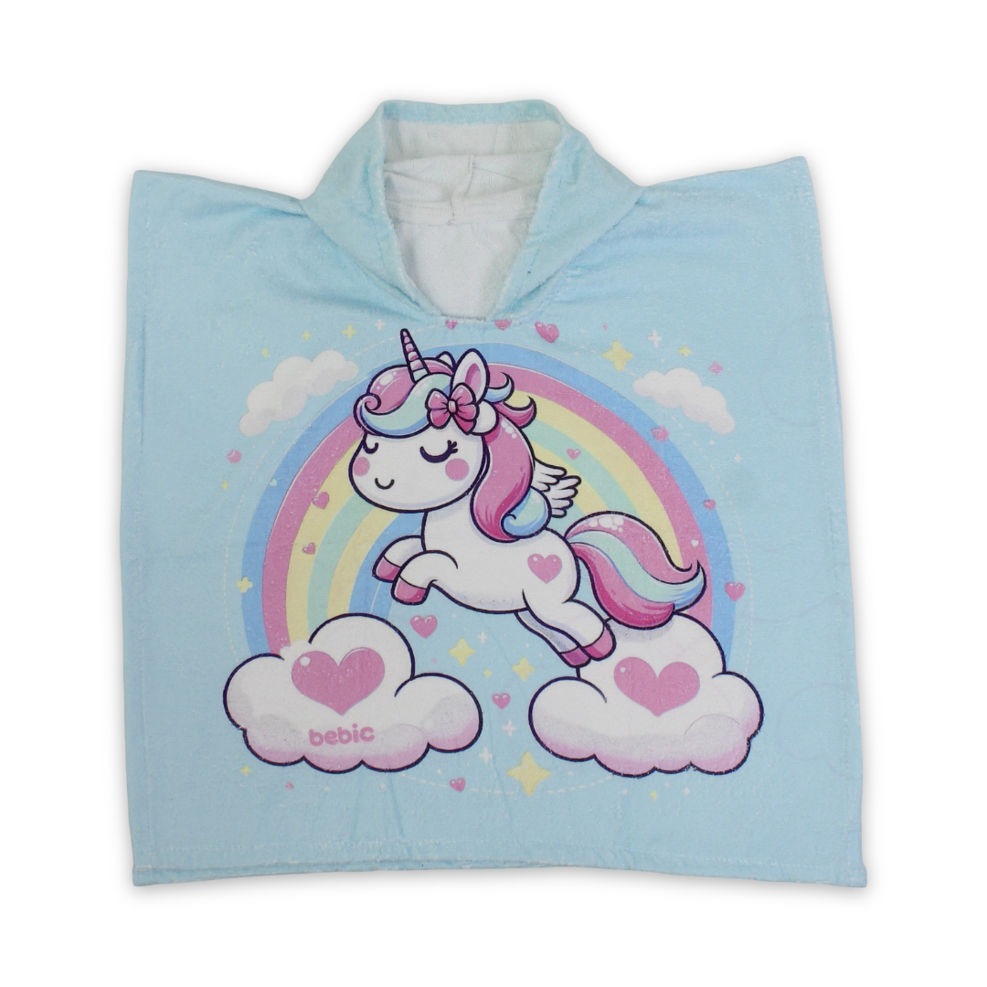 Girls Cotton Poncho – Aqua with Unicorn Print