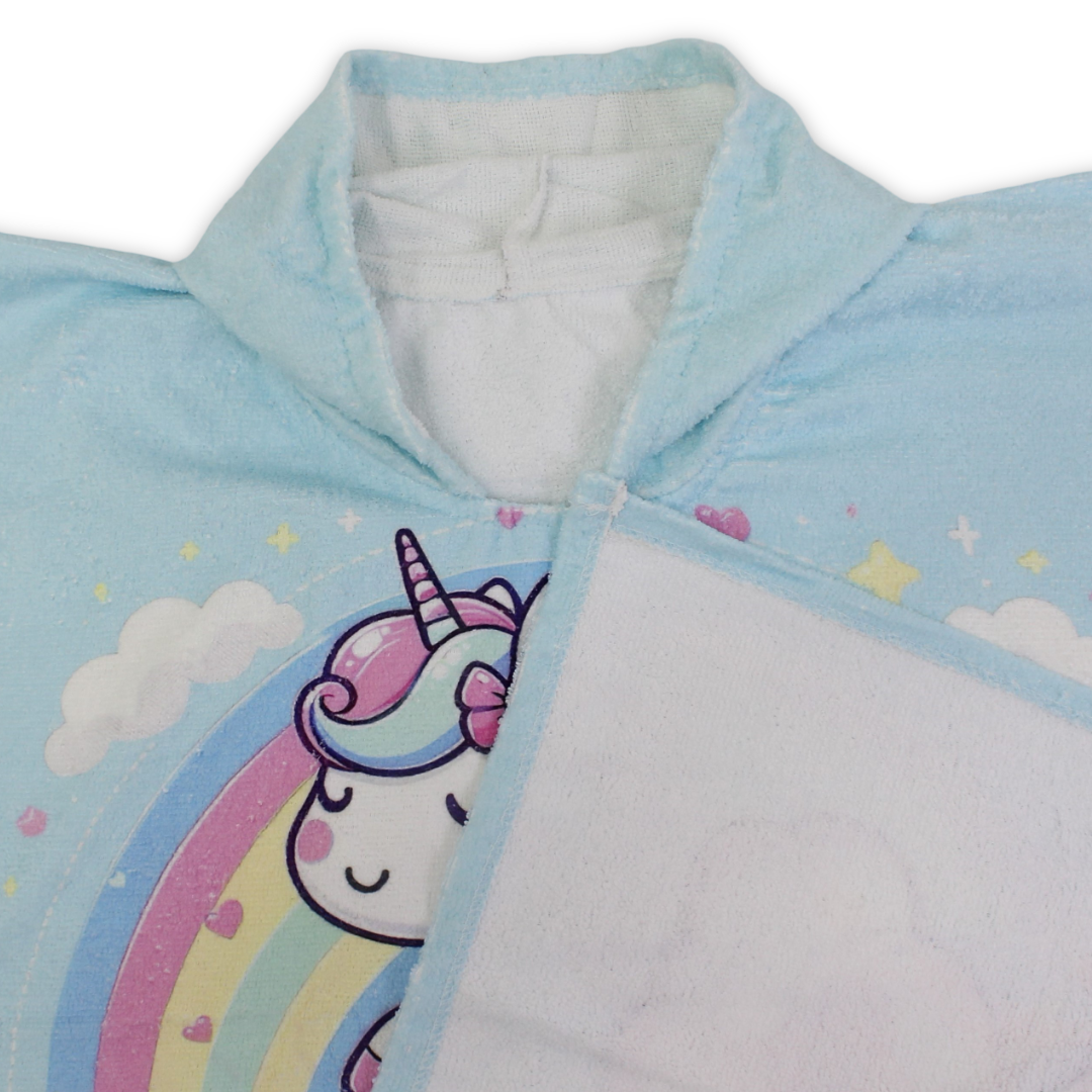 Girls Cotton Poncho – Aqua with Unicorn Print