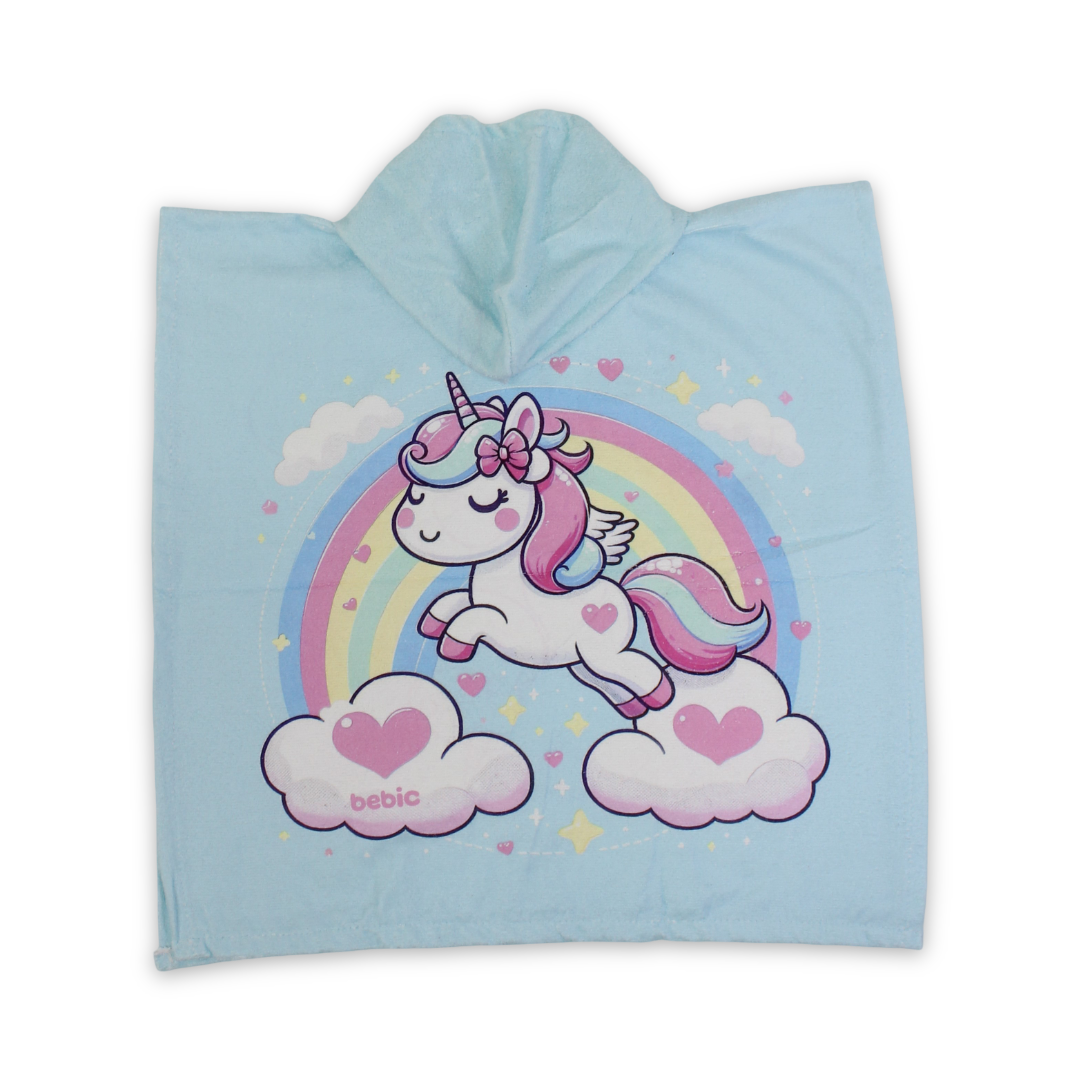 Girls Cotton Poncho – Aqua with Unicorn Print
