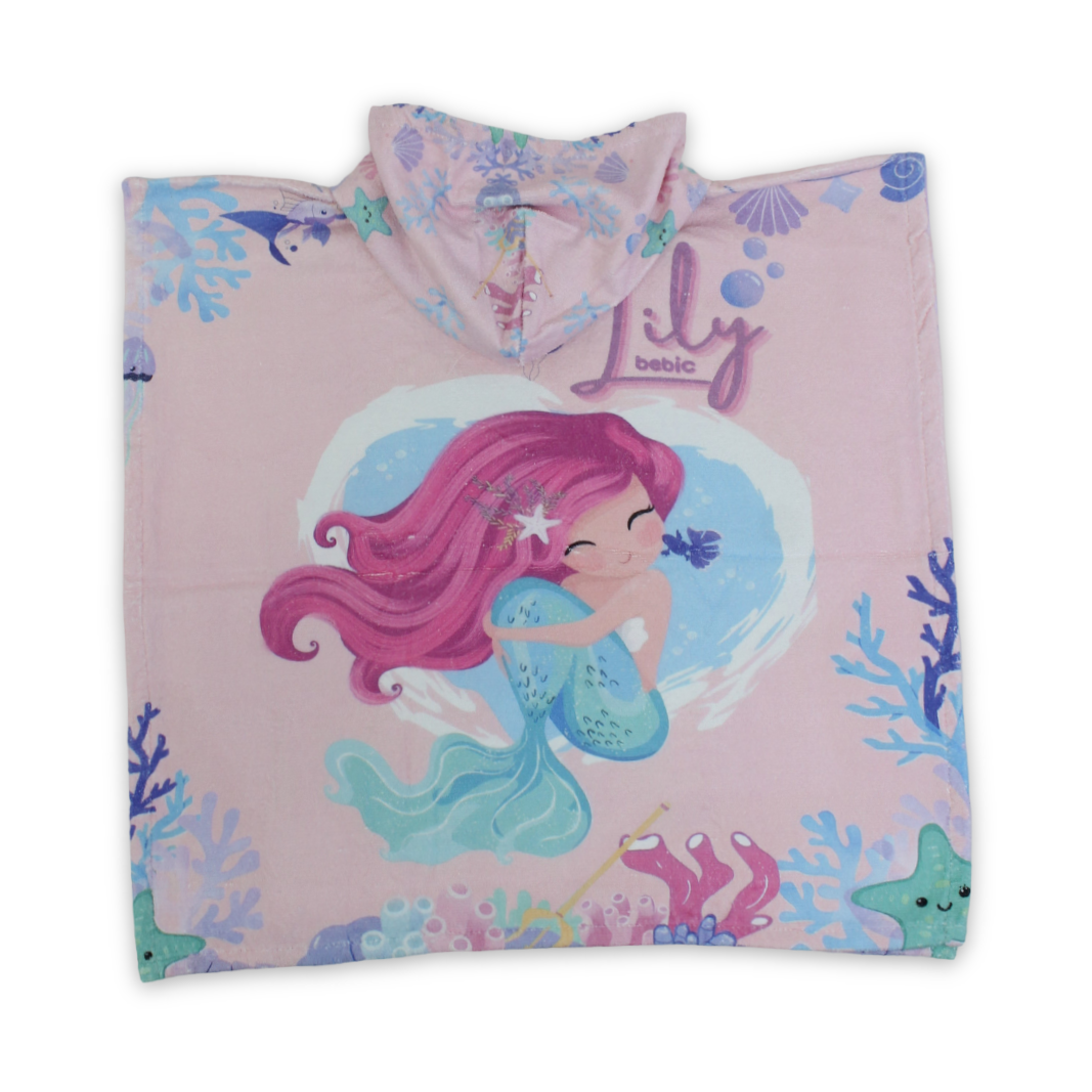 Girls Cotton Poncho – Pink with Mermaid Print