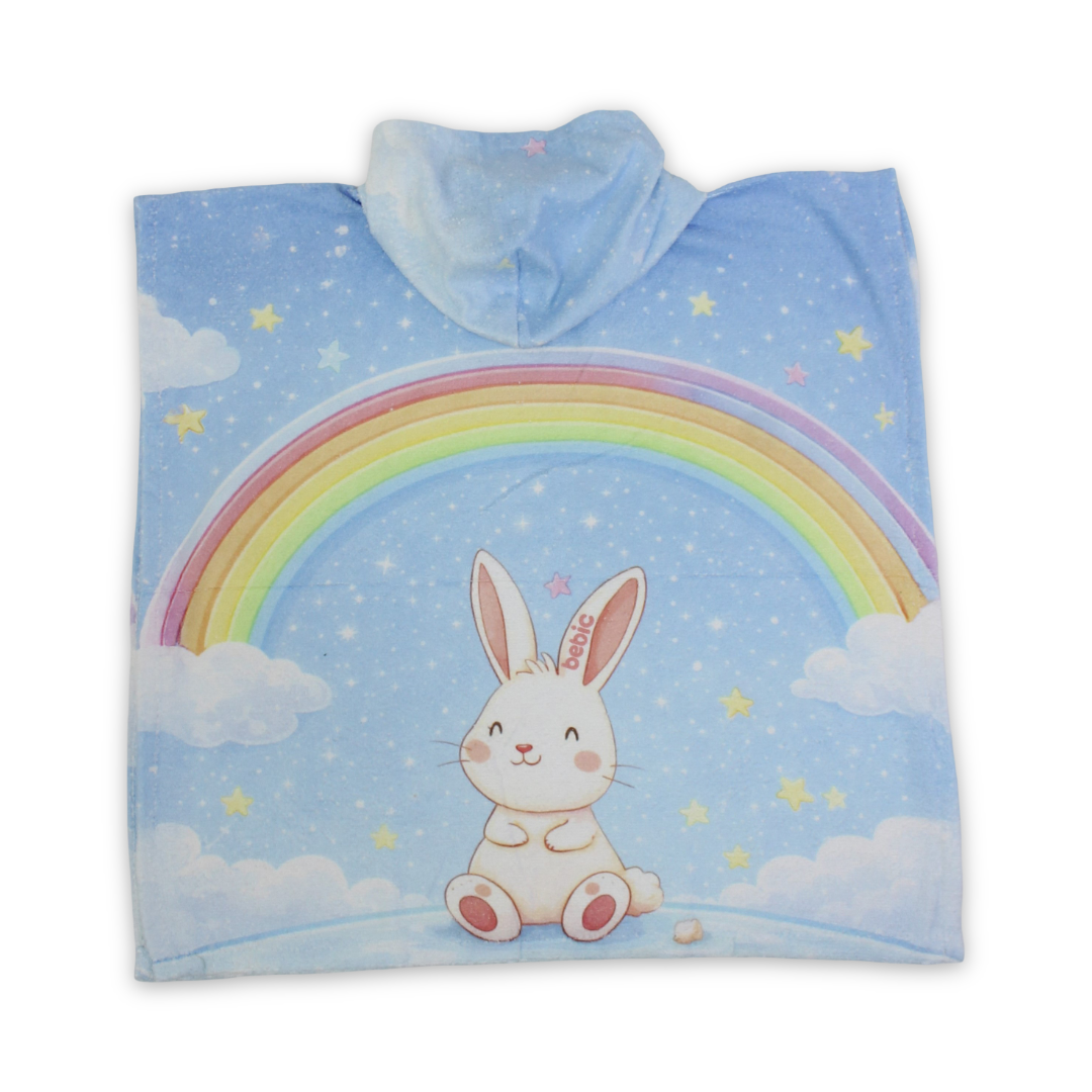 Girls Cotton Poncho – Baby Blue with Rabbit Print