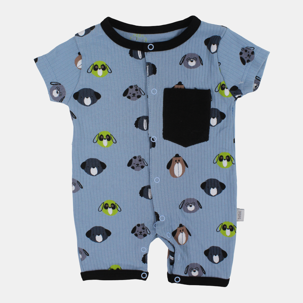 Baby Boys Cotton Romper – Light Blue with Dog Faces Design