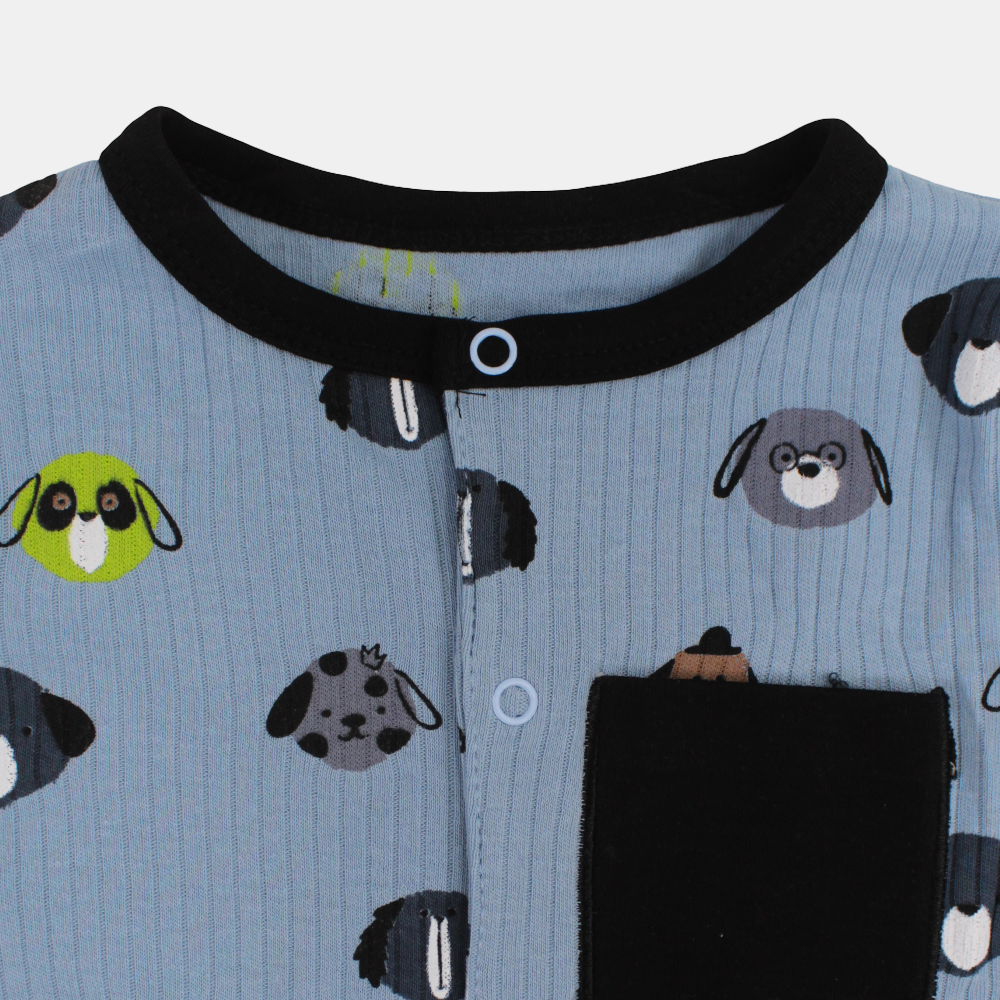 Baby Boys Cotton Romper – Light Blue with Dog Faces Design