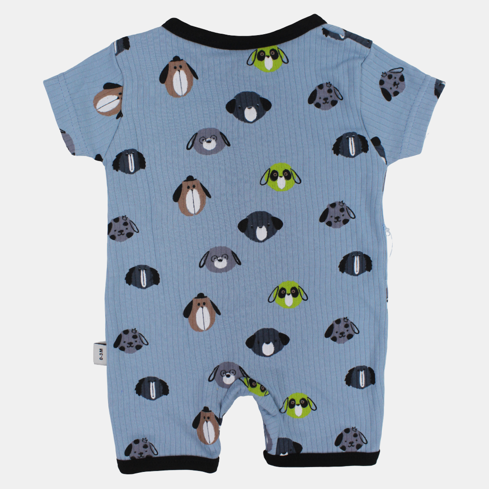 Baby Boys Cotton Romper – Light Blue with Dog Faces Design