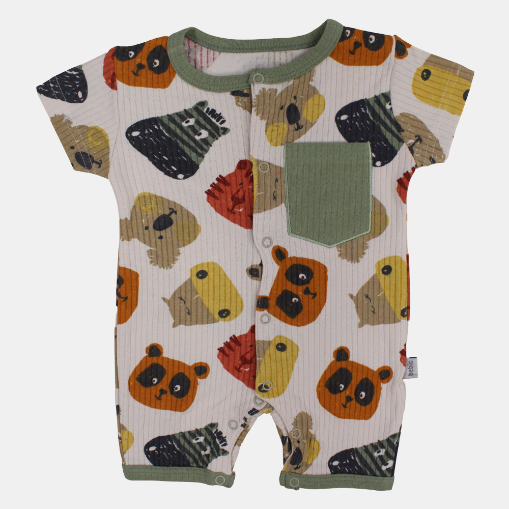 Baby Boys Cotton Romper – Beige with Animal Faces Design