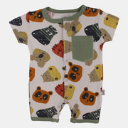 Baby Boys Cotton Romper – Beige with Animal Faces Design