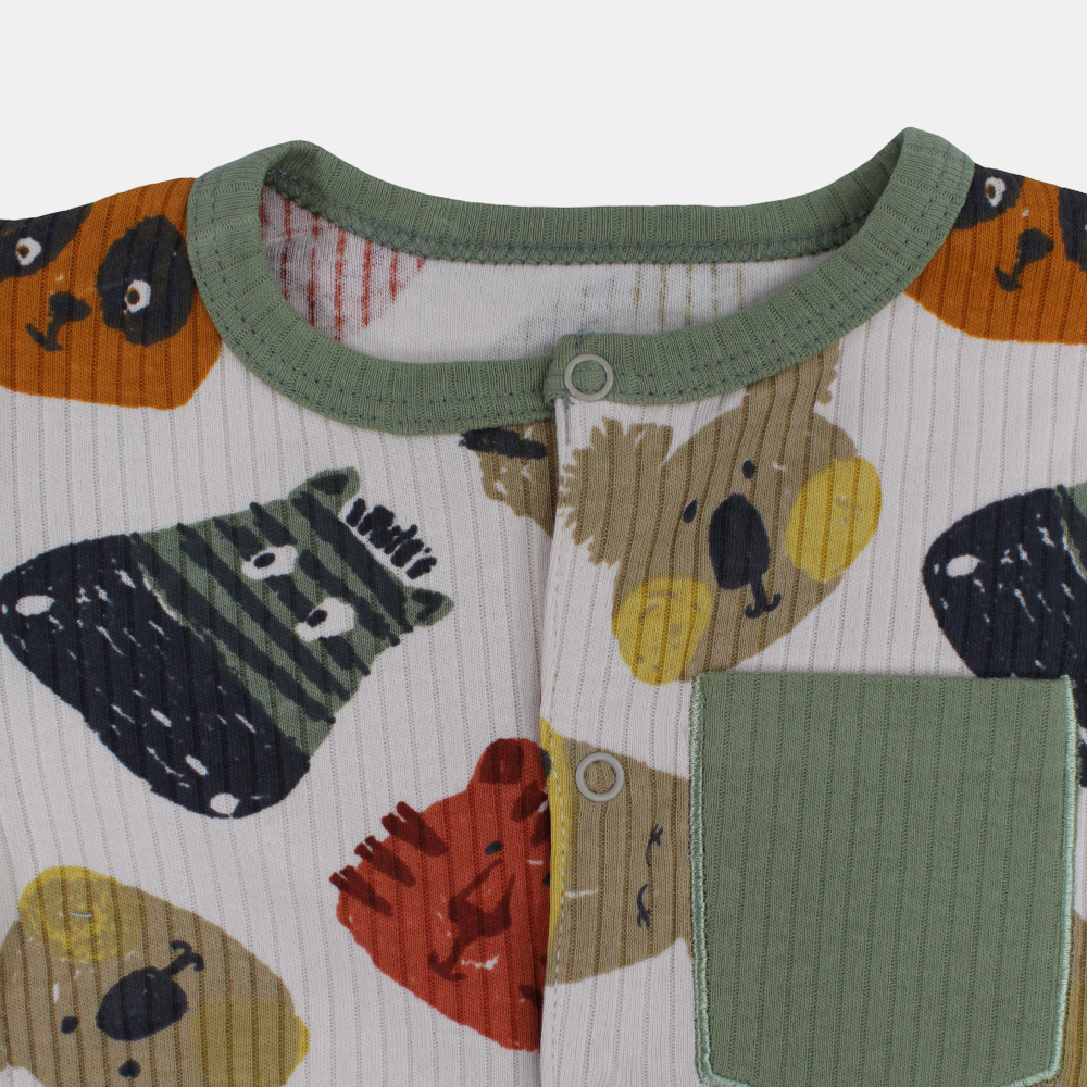 Baby Boys Cotton Romper – Beige with Animal Faces Design