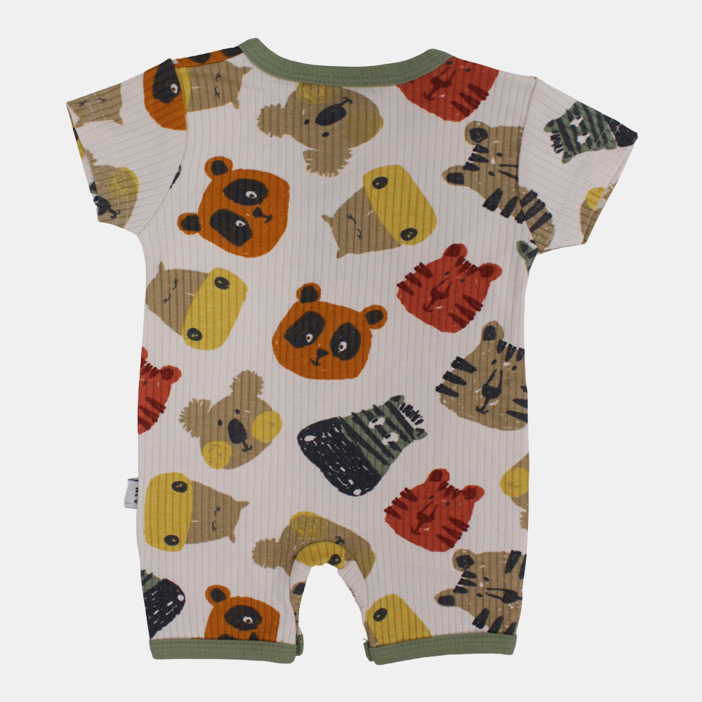 Baby Boys Cotton Romper – Beige with Animal Faces Design
