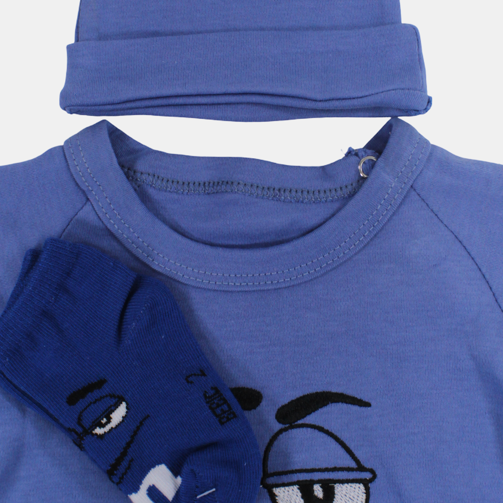 Unisex Baby Cotton Bodysuit – Blue with Cap and Socks