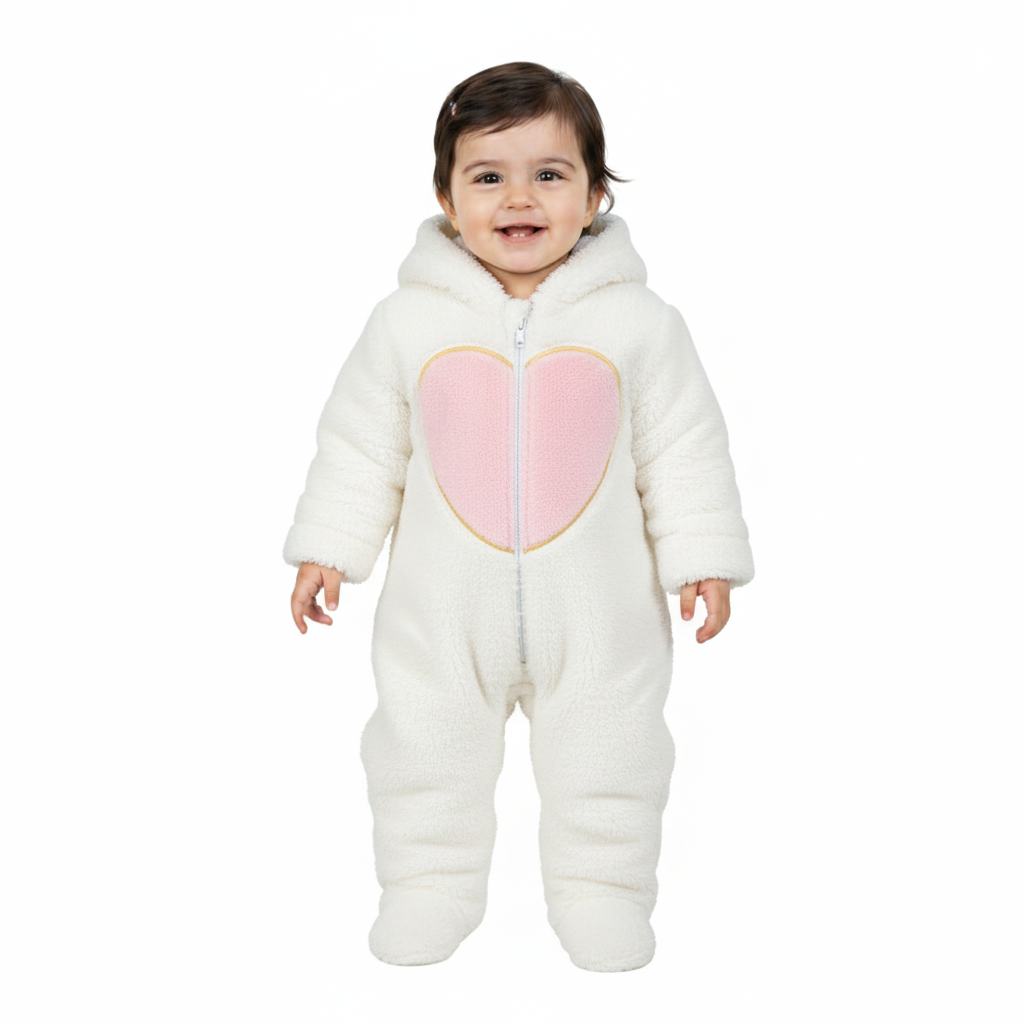 Baby Girls Fleeced Baby Footie – Off-white with Pink Heart & Unicorn Hoodie Design
