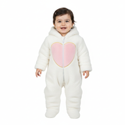 Baby Girls Fleeced Baby Footie – Off-white with Pink Heart & Unicorn Hoodie Design