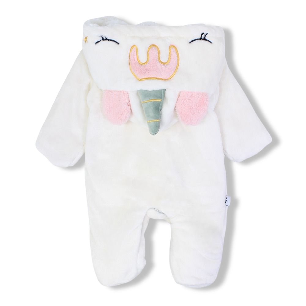 Baby Girls Fleeced Baby Footie – Off-white with Pink Heart & Unicorn Hoodie Design