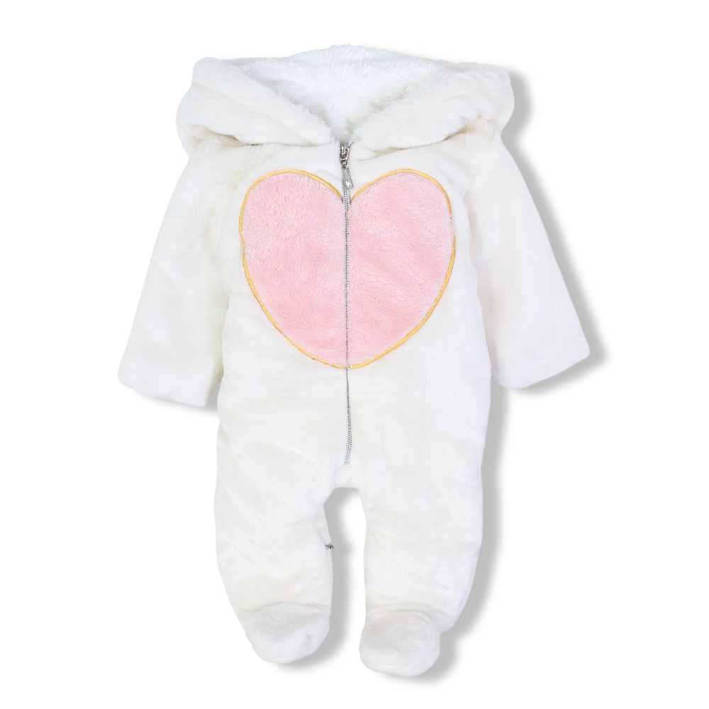 Baby Girls Fleeced Baby Footie – Off-white with Pink Heart & Unicorn Hoodie Design