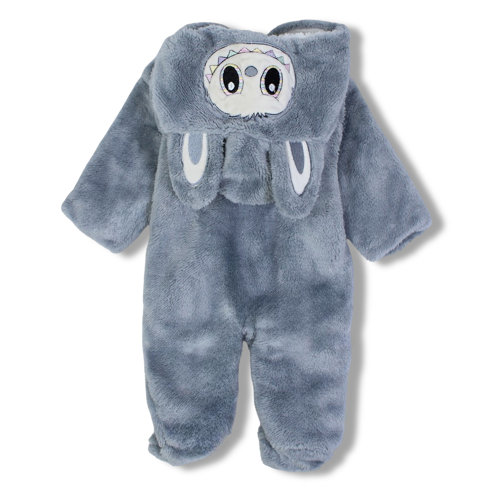 Baby Girls Fleeced Baby Footie – Grey with Bunny Face & Ears Hoodie Design
