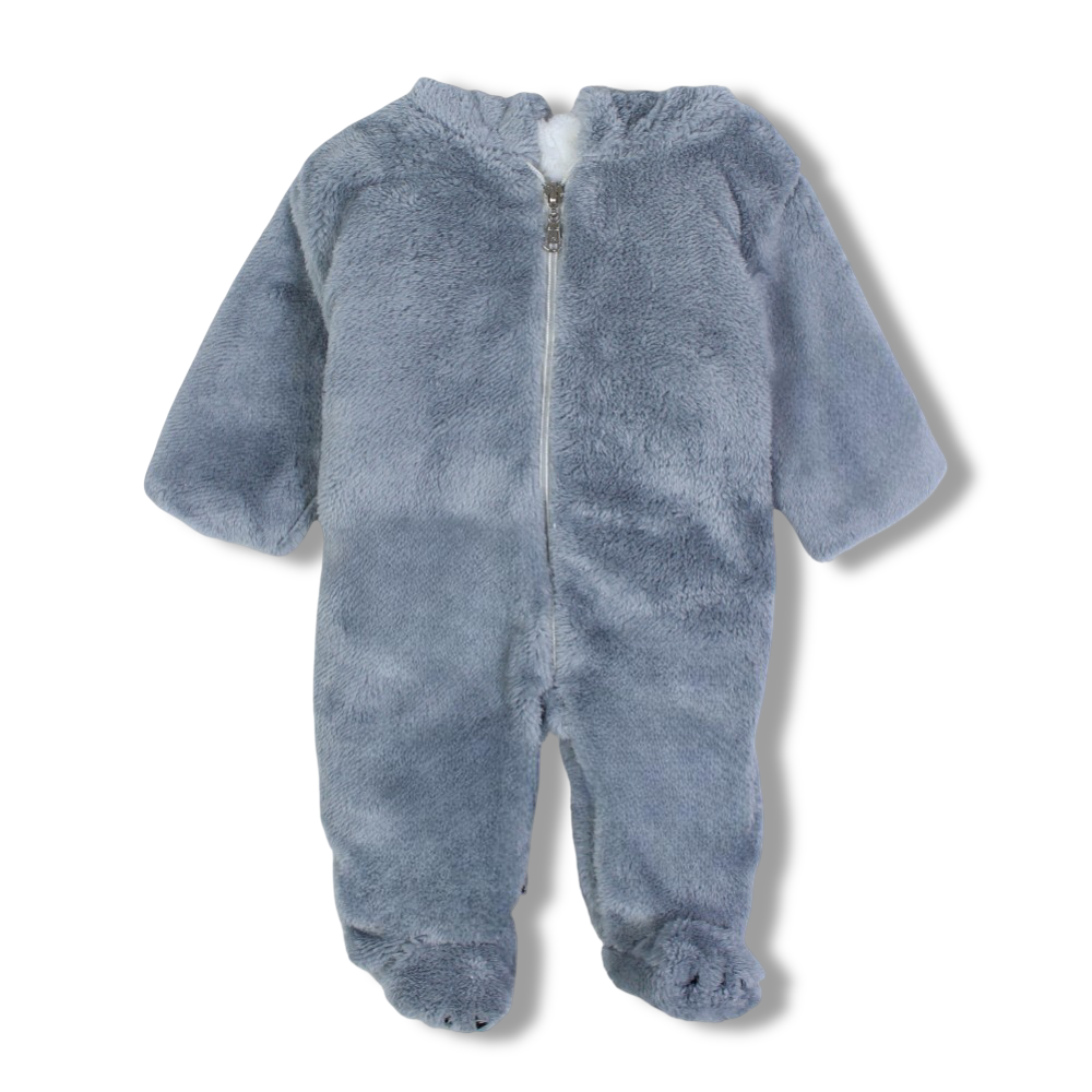 Baby Girls Fleeced Baby Footie – Grey with Bunny Face & Ears Hoodie Design