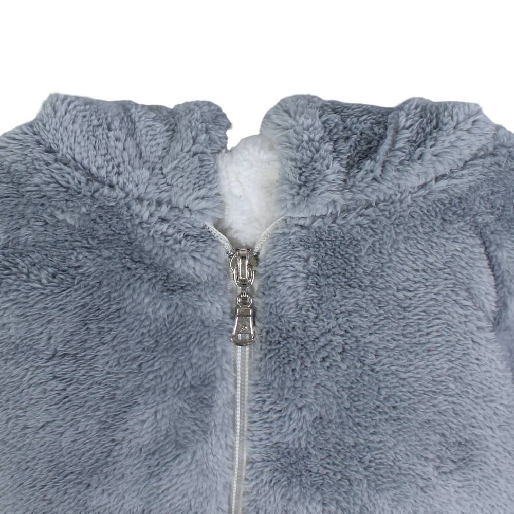 Baby Girls Fleeced Baby Footie – Grey with Bunny Face & Ears Hoodie Design