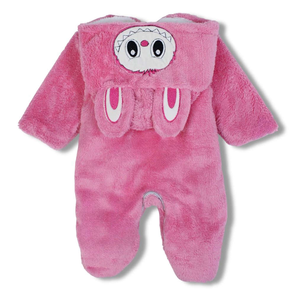 Baby Girls Fleeced Baby Footie – Pink with Bunny Face & Ears Hoodie Design