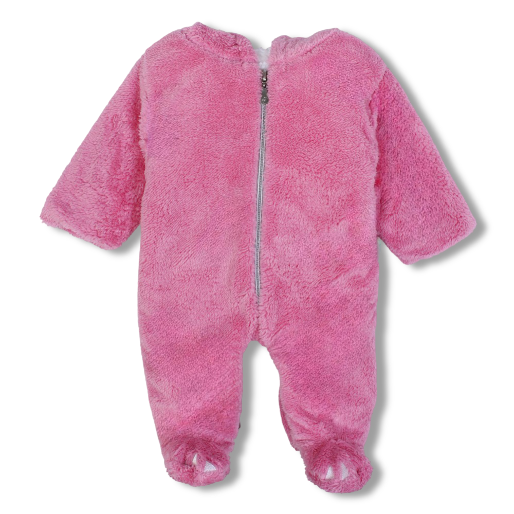 Baby Girls Fleeced Baby Footie – Pink with Bunny Face & Ears Hoodie Design