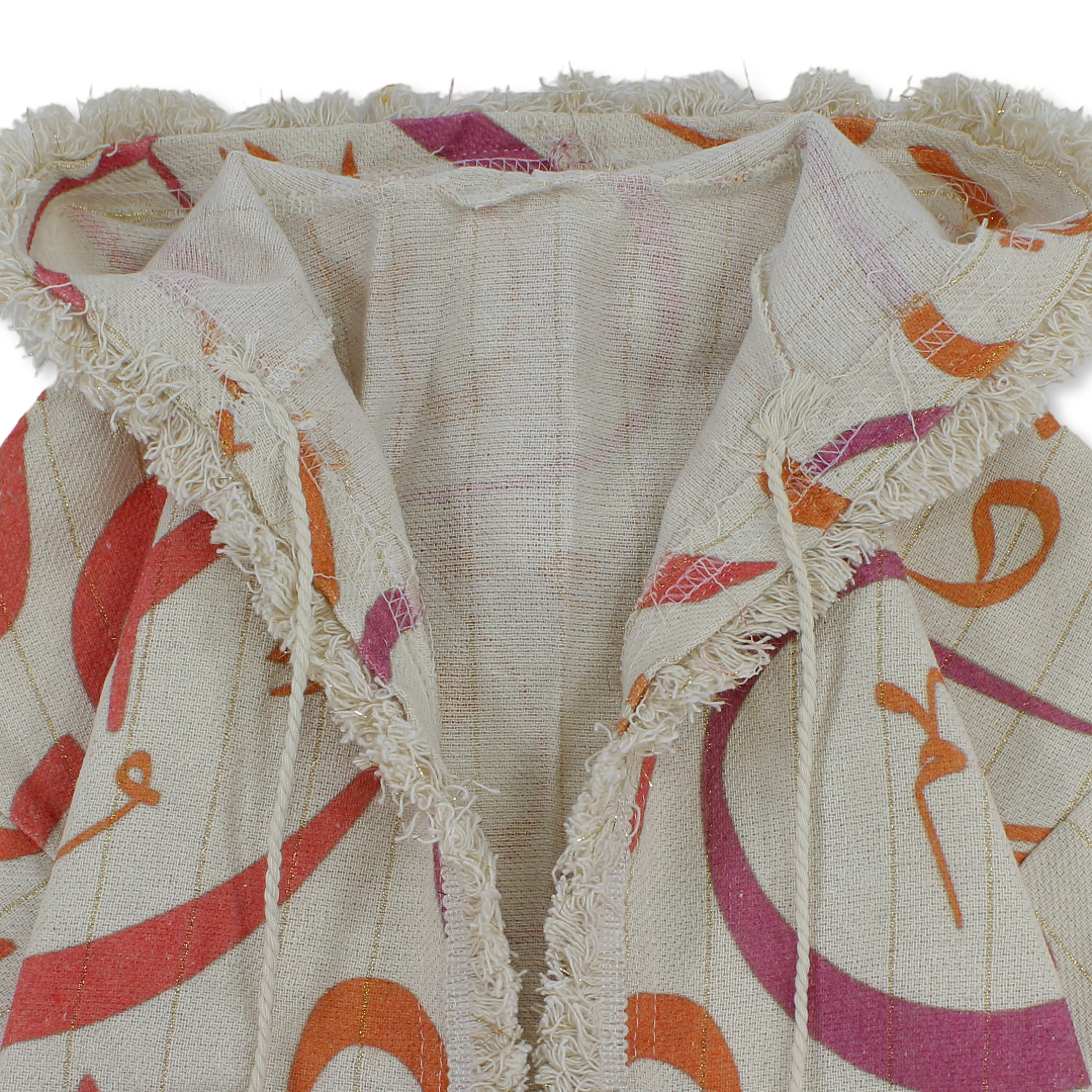 Ramadan Baby Girls Linen Hooded Kaftan – Off-White with Letters Print