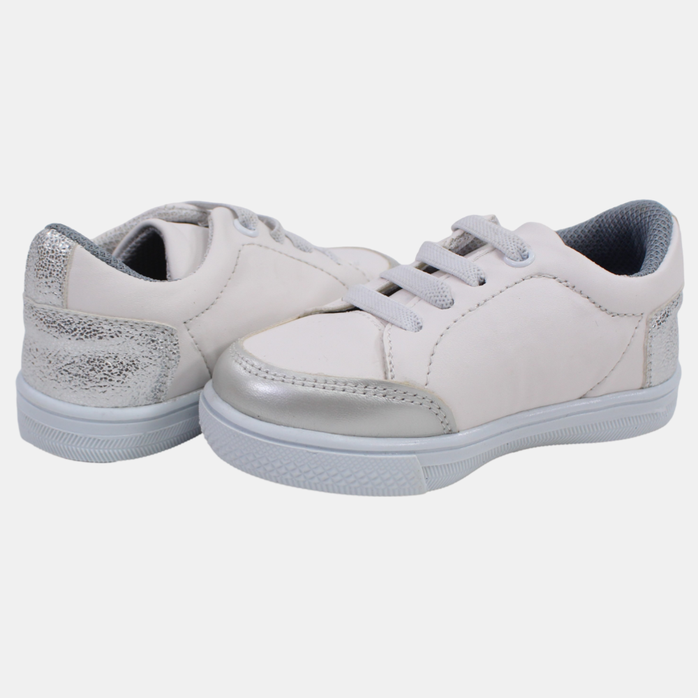 Girls Leather Sneakers – White & Silver