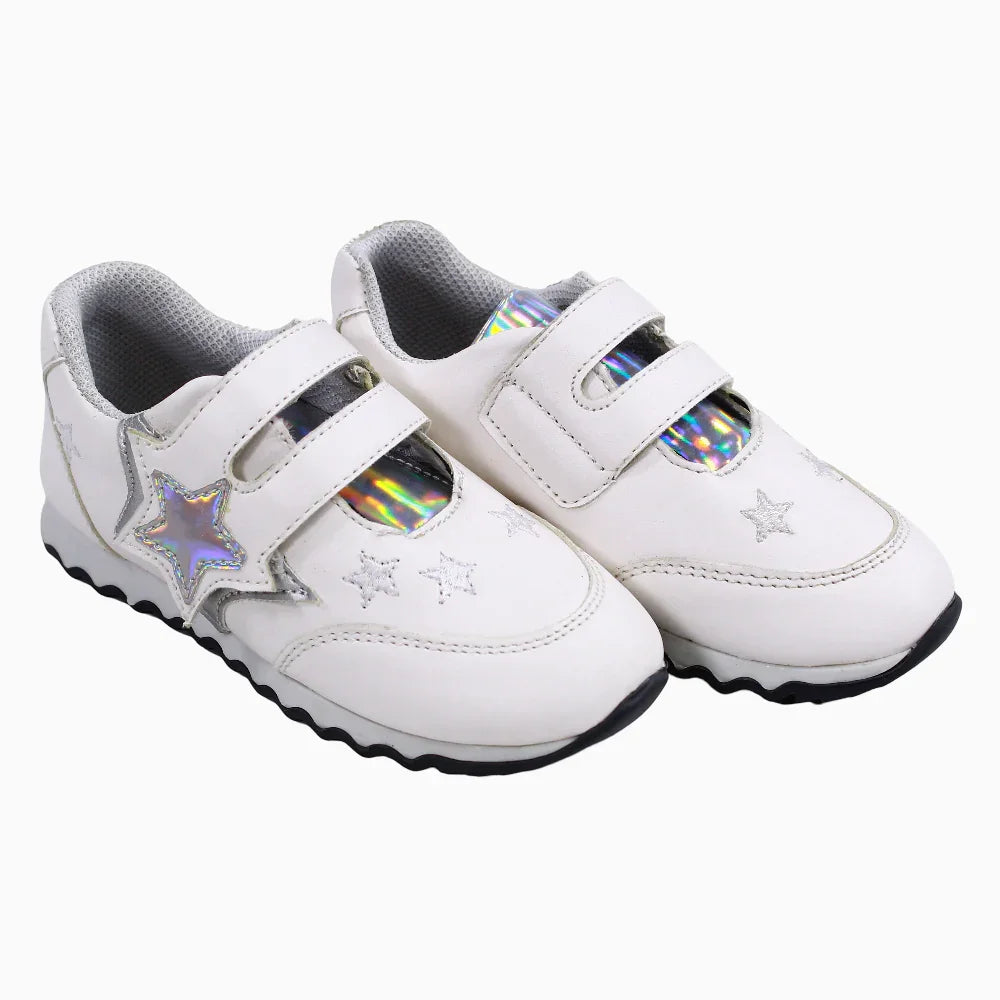 Girls Leather Sneakers – White & Silver Star - Clothing - Bellino
