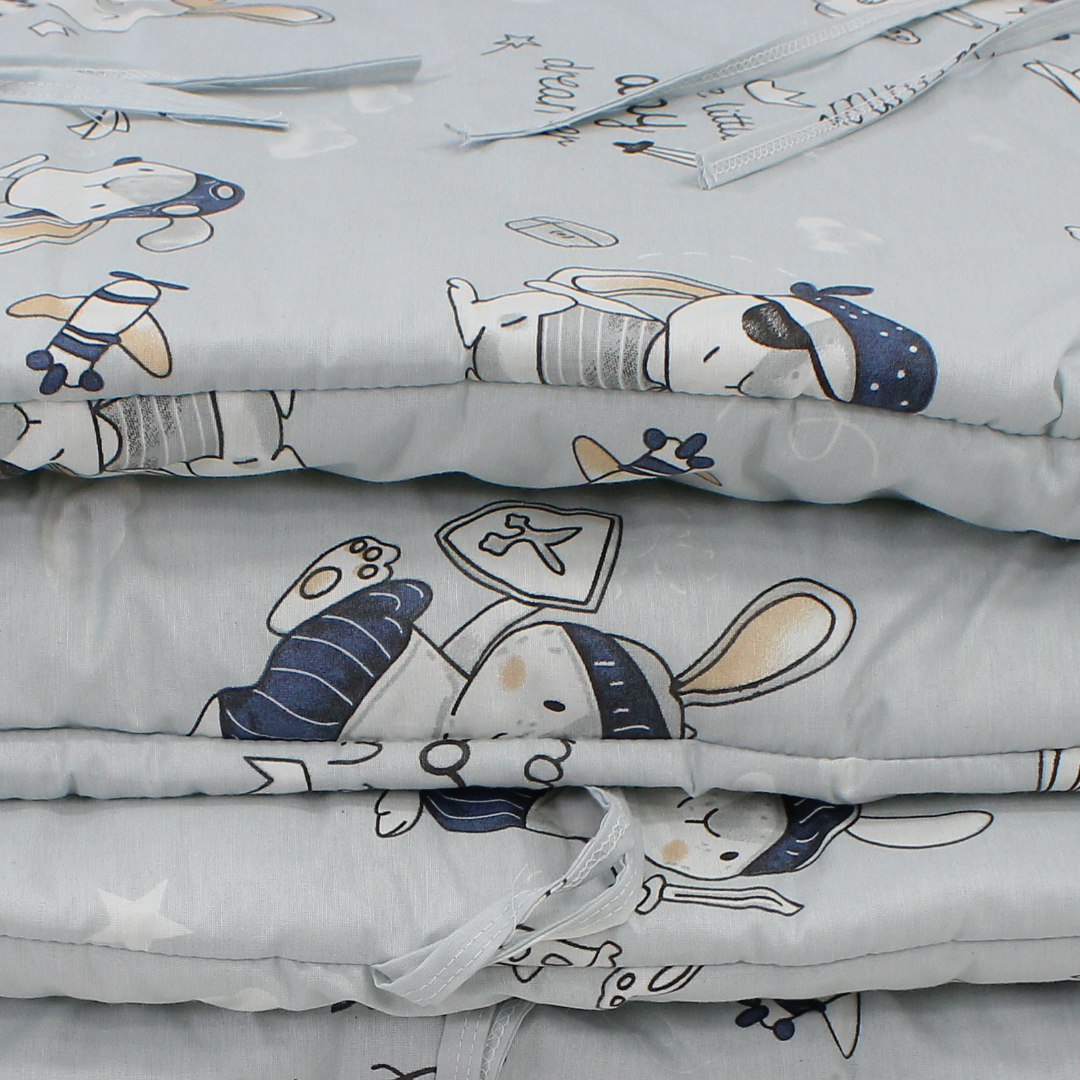 Baby Cotton Crib Bumper Set – Grey with Rabbit Print ( 70 * 120 cm )