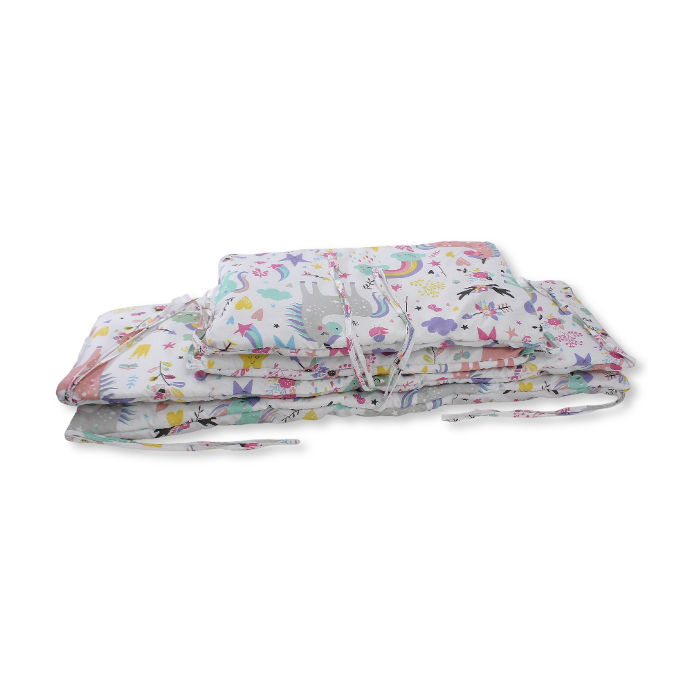 Baby Crib Bumper Set – Off-White with Unicorns & Rainbows Print